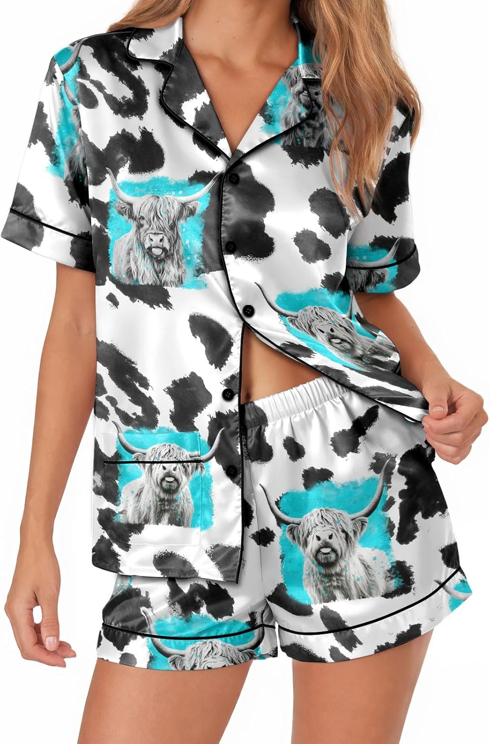 ELUNORUS Women’s Silk Satin Pajama Set Short Sleeve Button Down 2 Piece PJs with Shorts Valentine’s Day Pajamas