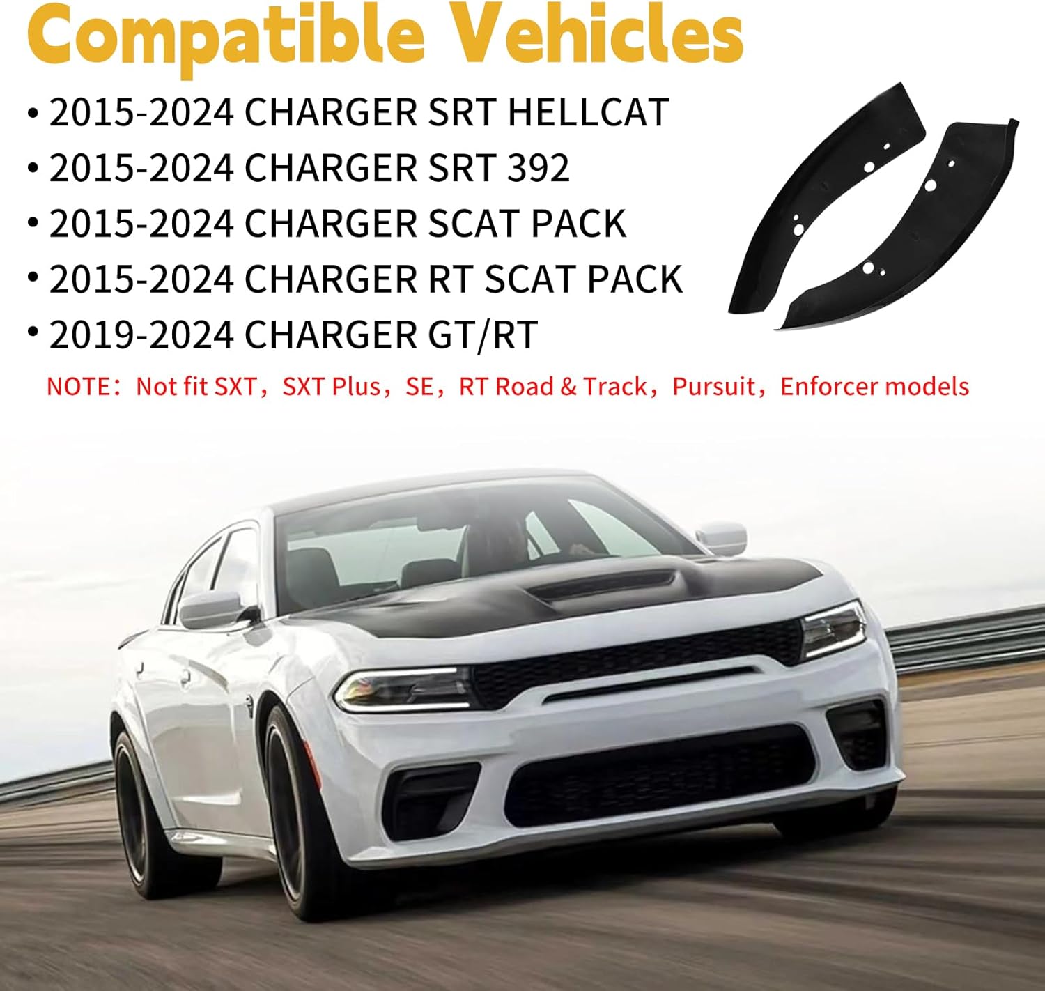 Front Splitter Protector for 2015-2023 Dodge Charger, Replacement Lip Spoiler Compatible with SRT 392/Scat Pack/RT/GT Trims (Black)