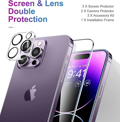 Miniatura 5 de CANSHN Paquete de 3 + 3 protectores de pantalla para iPhone 14 Pro Max, vidrio templado y protector de lente de cámara, accesorios con marco de