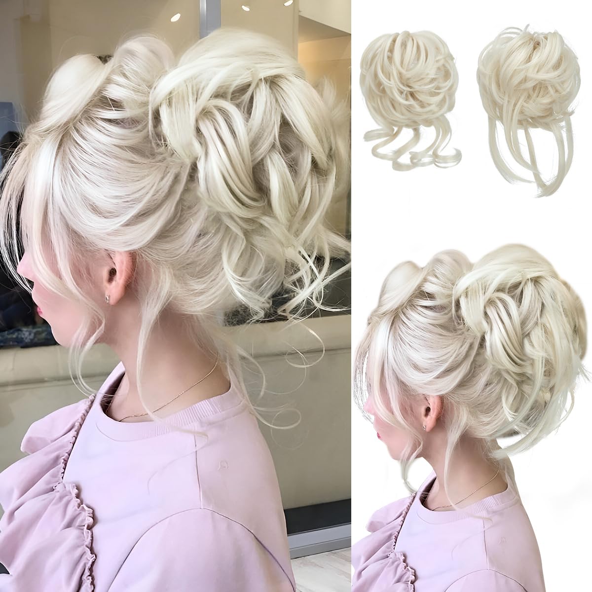 SARLA 2PCS Messy Bun Hair Pieces for Women Wavy Curly Synthetic Hairpieces for Updos with Tendrils Fake Scrunchies Ponytail Extension Platin Blonde