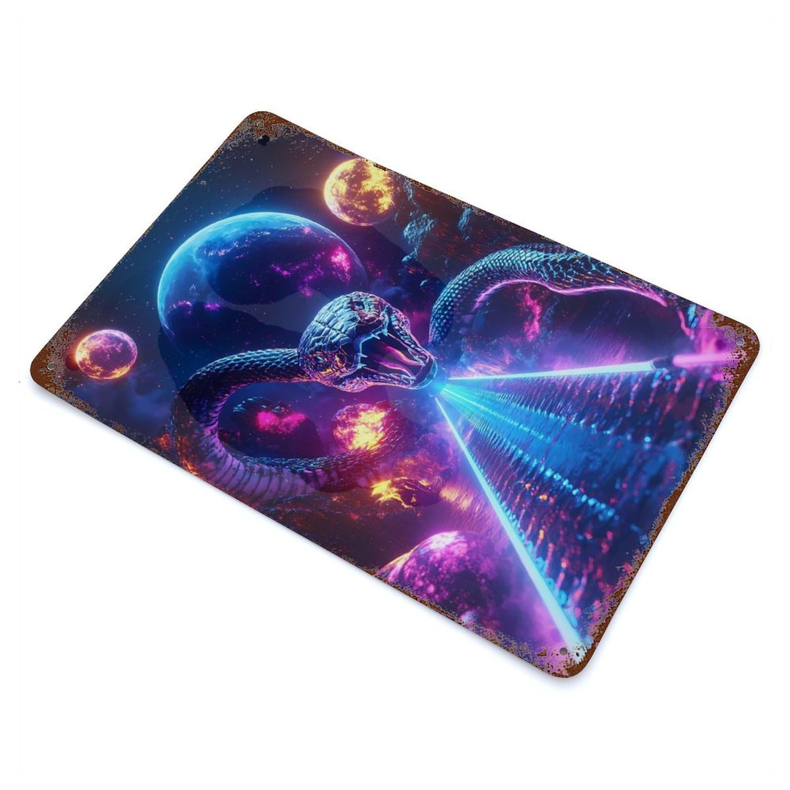 Decorative Tin Sign Cosmic Serpent Snake Space Planets 11.8"x7.9", Decorative Metal Wall Art for Garage, Bar And Workshop Decor