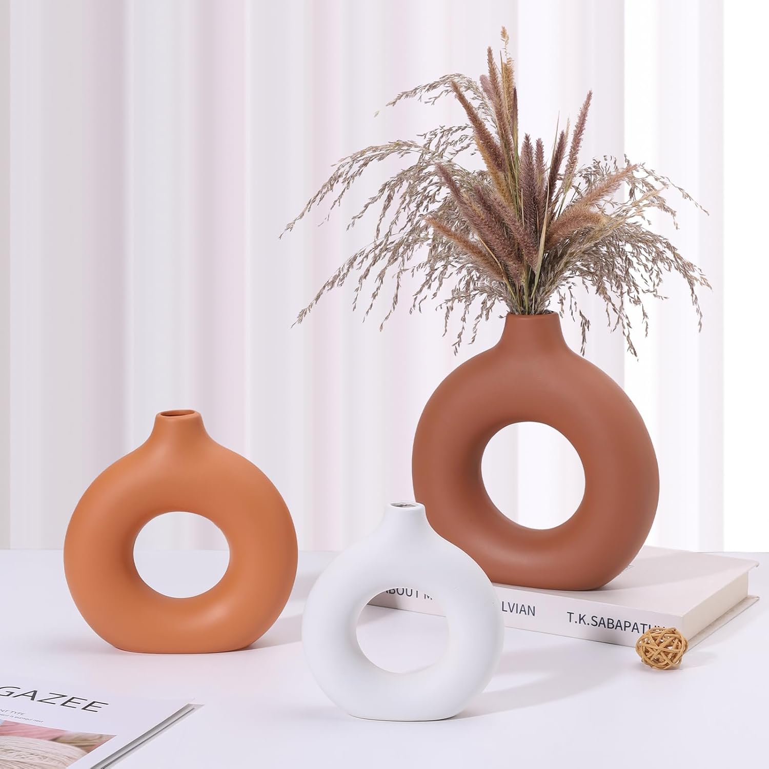 Ceramic Vases Set of 3 Home Decor- Modern Farmhouse, Boho, Aesthetic Brown/White Flower Vase for Living Room Shelf Entry Way Table Centerpiece Decorations (Brown)