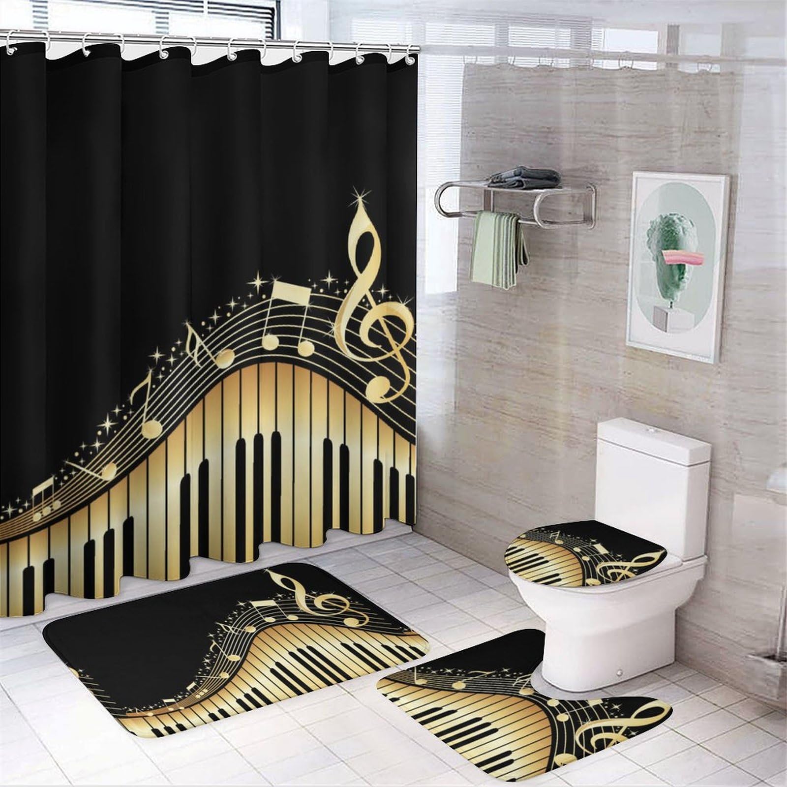 JZemdybill Bathroom Mat Set 4 Piece, Music Notes Shower Curtain with Non-Slip Bath Mats for Bathroom