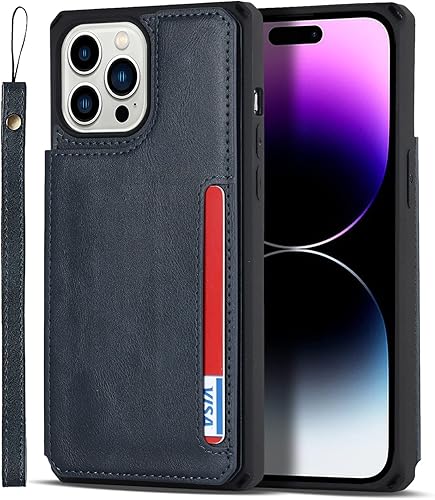 Miniatura 3 de iCoverCase Funda tipo cartera compatible con iPhone 14 Pro con ranuras para tarjetas y correa para la muñeca, piel sintética, doble cierre