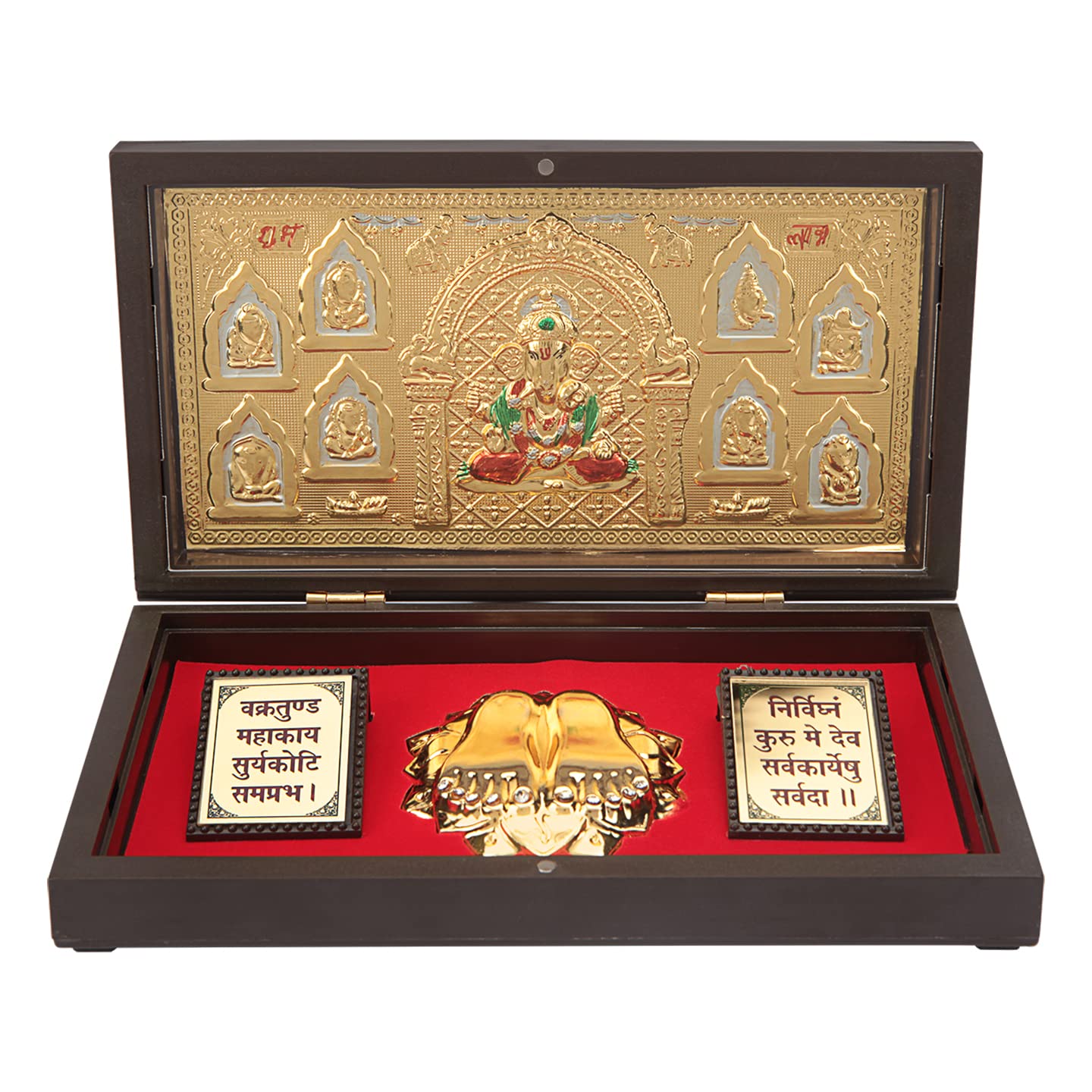ARNAVIRA Dagudusheth Ganpati Brass Gold Photo Frame with Charan Paduka Pocket Temple for Diwali Gift, House Warming Gifts Return Gift Puja Box (Dagudusheth Ganpati)