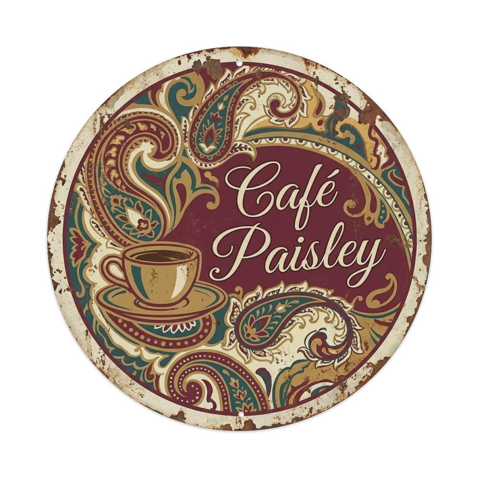 Paisley Coffeehouse Swirl Espresso Bistro Vintage Cafe Metal Tin Sign Plaque Wall Decor for Cafe, Man Cave, Club Bar, Office, Home Garden Round Metal Poster 8x8Inch