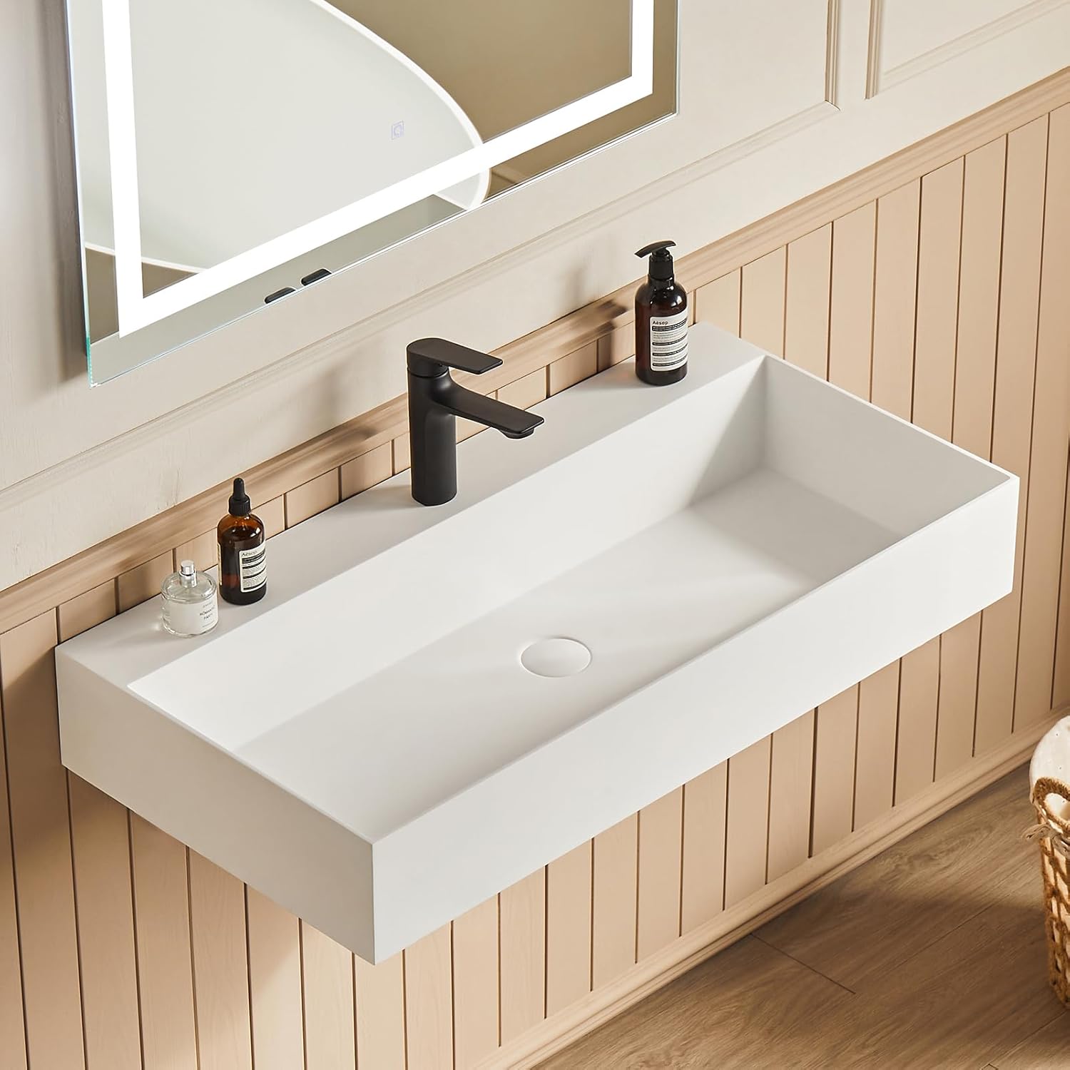 Cpingao 30"x18" Wall Mount Rectangle Vessel Sink with Pre-drilled Hole, Matte White Stone Resin Bathroom Basin, Solid Surface Vanity Sink