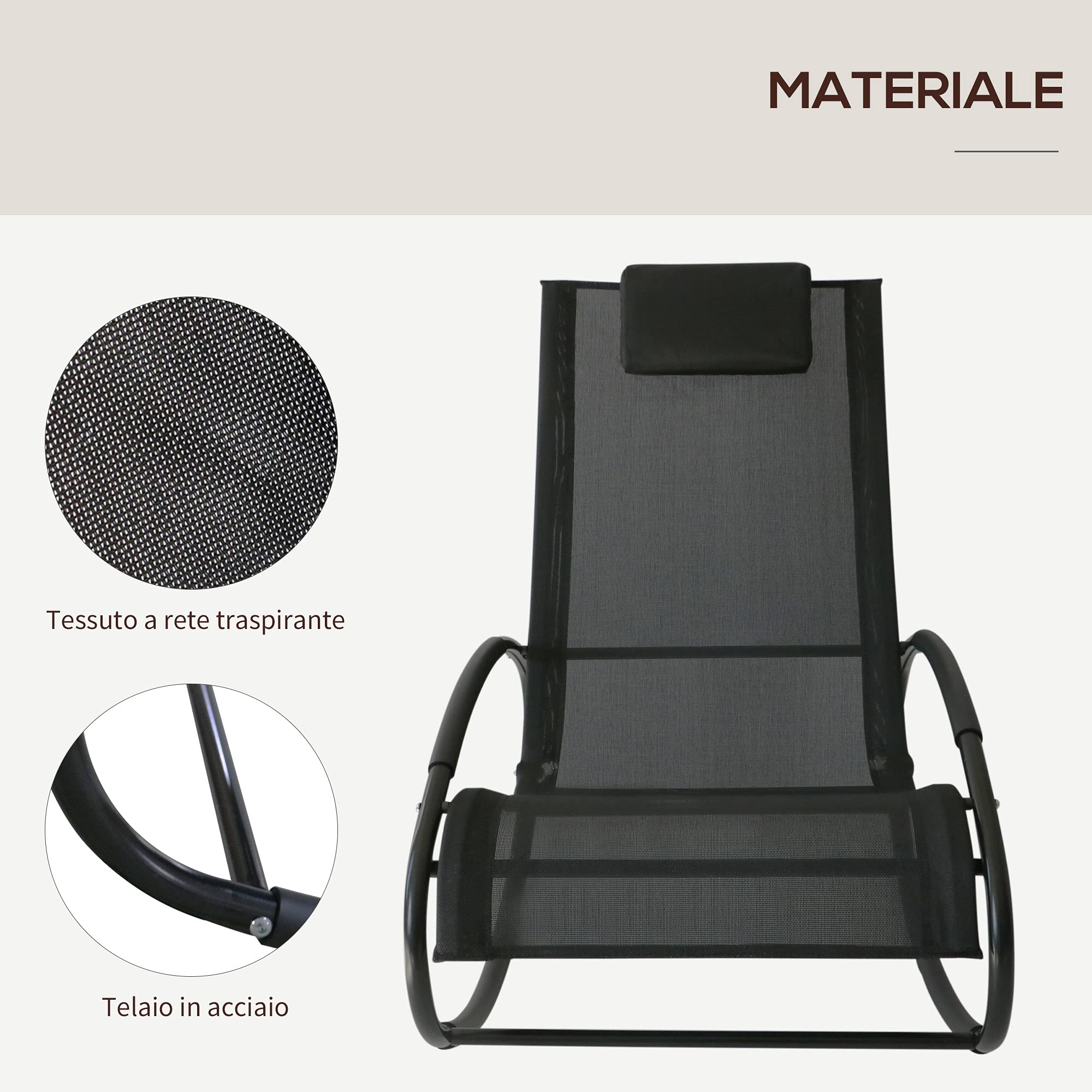 Outsunny Sdraio da Giardino Zero Gravity, Sedia a Dondolo Ergonomica con Cuscino e Tessuto Traspirante per Interno ed Esterno, Nera, 105x62x88 cm
