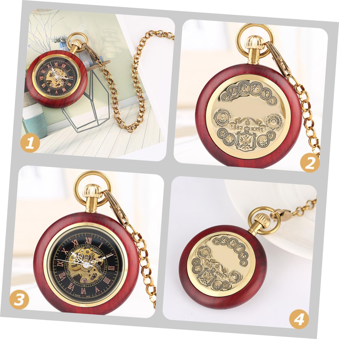 Mechanical Pocket Watch with Roman Numeral Dial, Wood Grain Bezel, Linked Hanging Design, Antique Style for Elderly Men’s Vintage Accessories