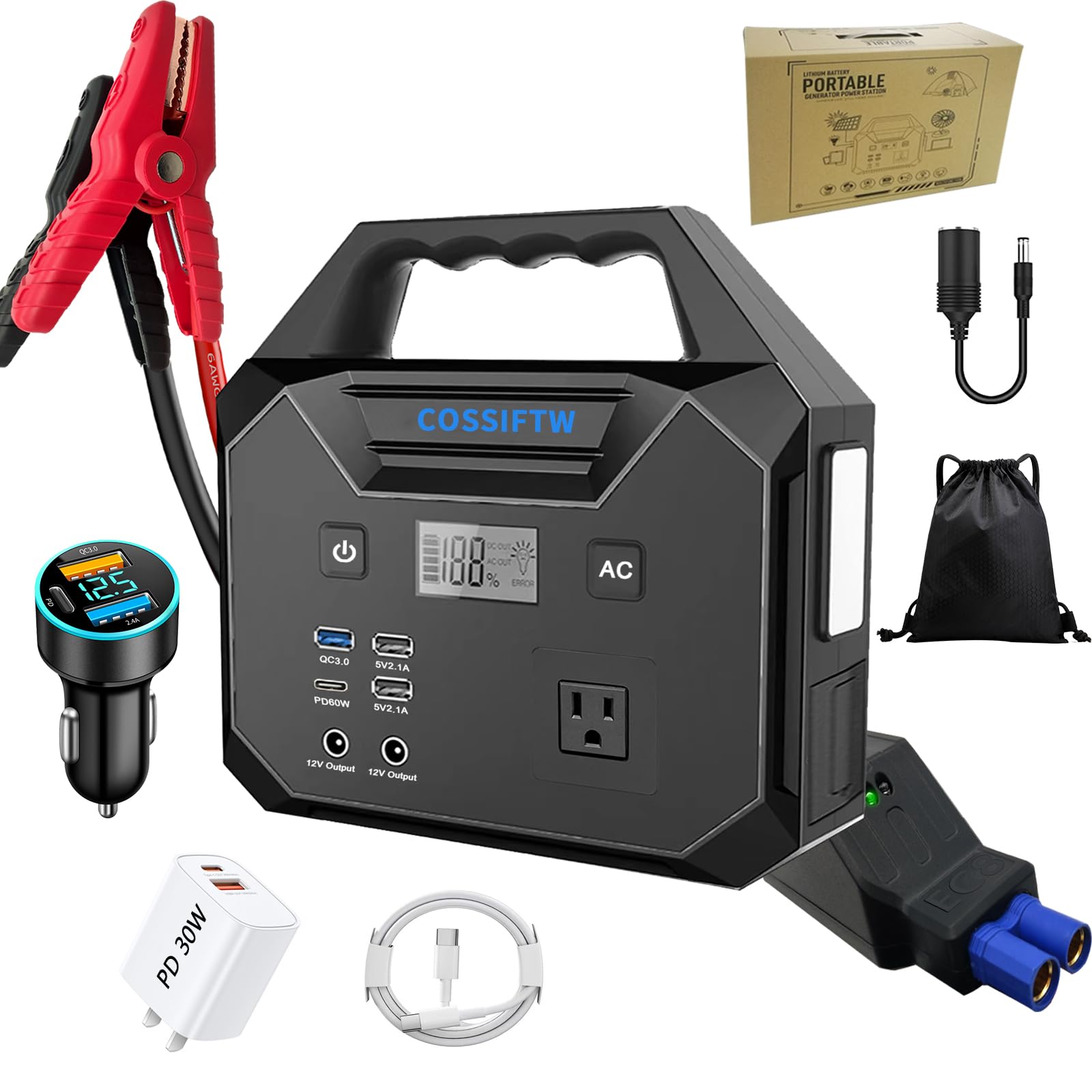 COSSIFTW 10000A Jump Starter, Portable Outdoor Power Supply 110V AC Output USB C PD60W 15V DC Emergency Light Emergency Power Bank - All 12V Gas & up to 15L Diesel Engine for Trucks RVs Buses etc.
