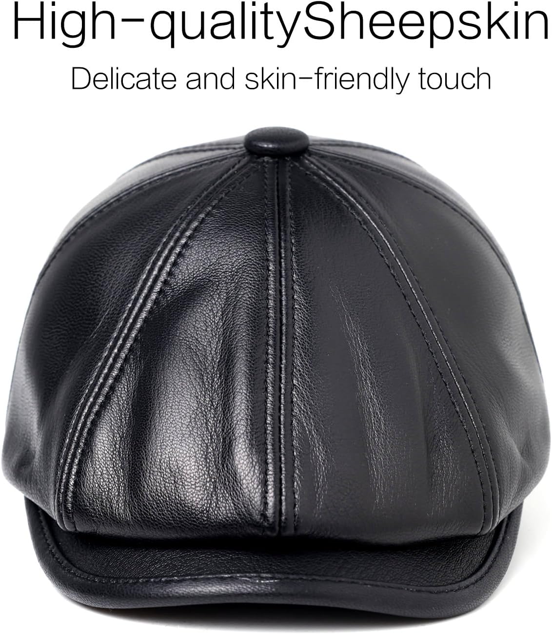 Men’s Premium Goat Leather Newsboy Cap with Adjustable Drawstring, Breathable Soft Polyester Lining, Fits 22.4-23.6in Black - Image 5