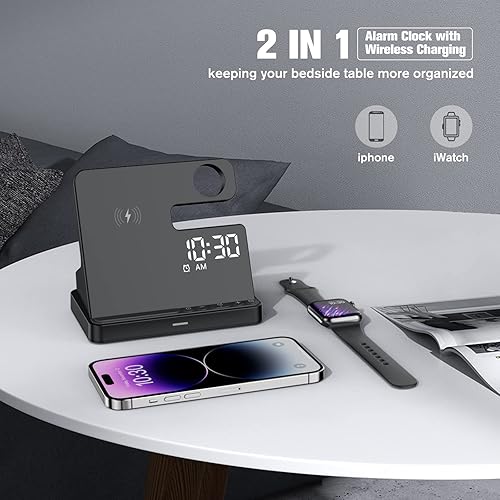Miniatura 2 de BUFFBEE Reloj despertador con cargador inalámbrico, atenuador de pantalla del 0 al 100%, volumen ajustable, reloj digital de cabecera con estación