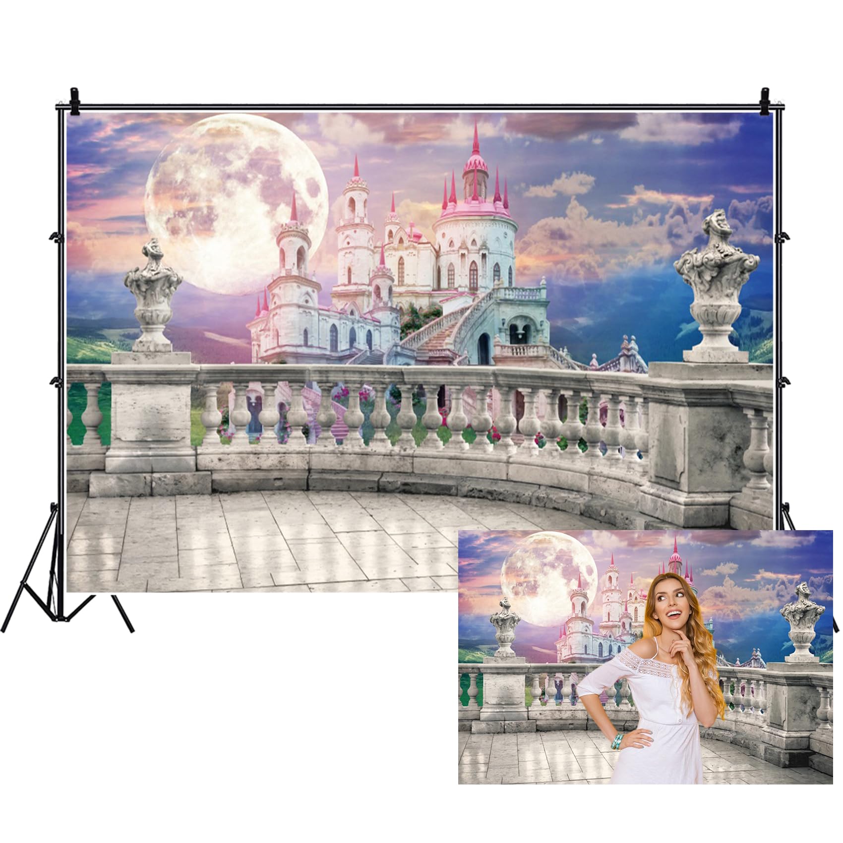 Renaiss Dreamy Castle Backdrop Fabric 7x5ft Fairy Tale Sky Photography Background Medieval Balcony Photo Backdrop for Princess Birthday Baby Shower Decor Photo Booth Prop