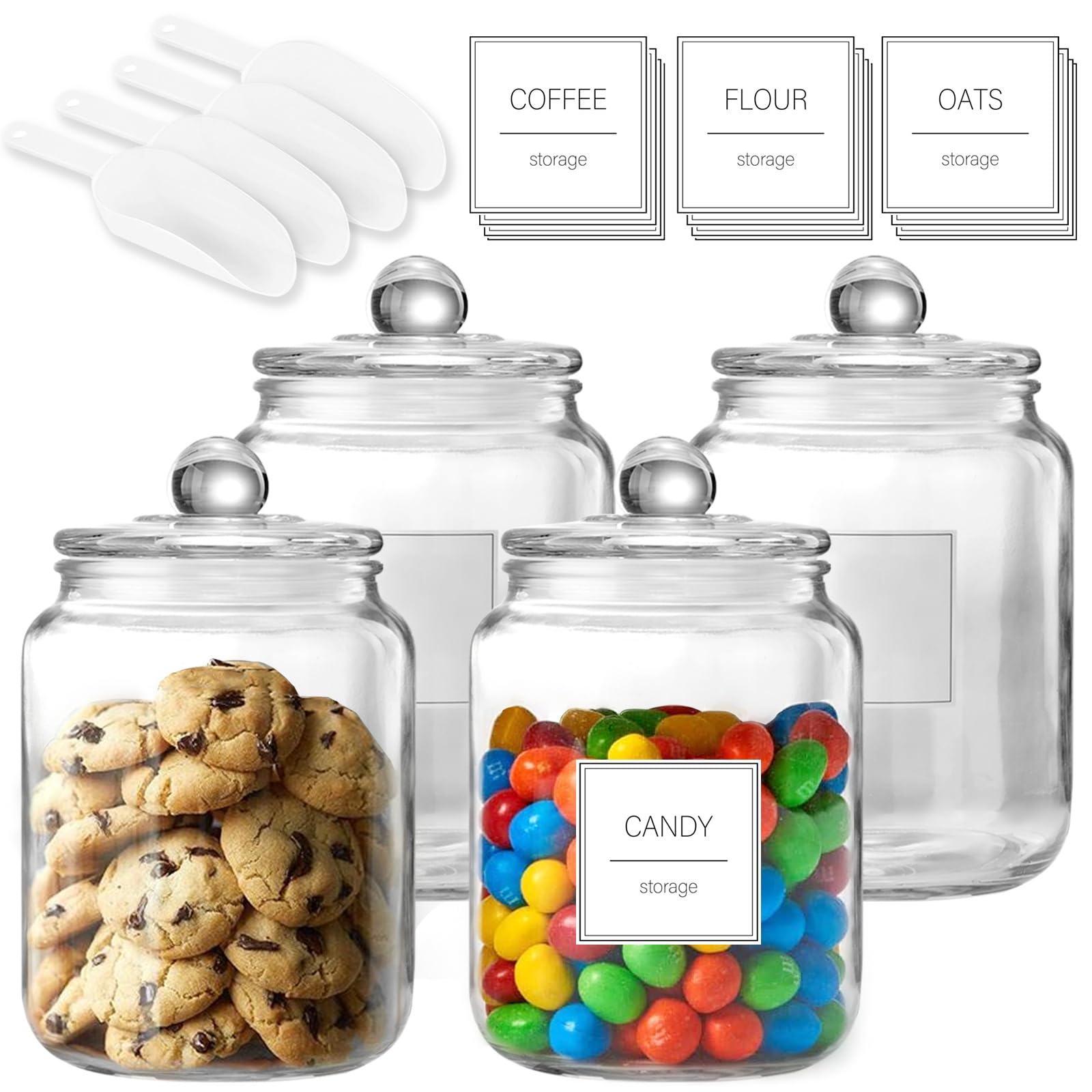 FyndraX Tarros de vidrio grandes de medio galón con tapas, recipientes transparentes de almacenamiento herméticos para cocina, lavandería y organización de alimentos, juego de 4