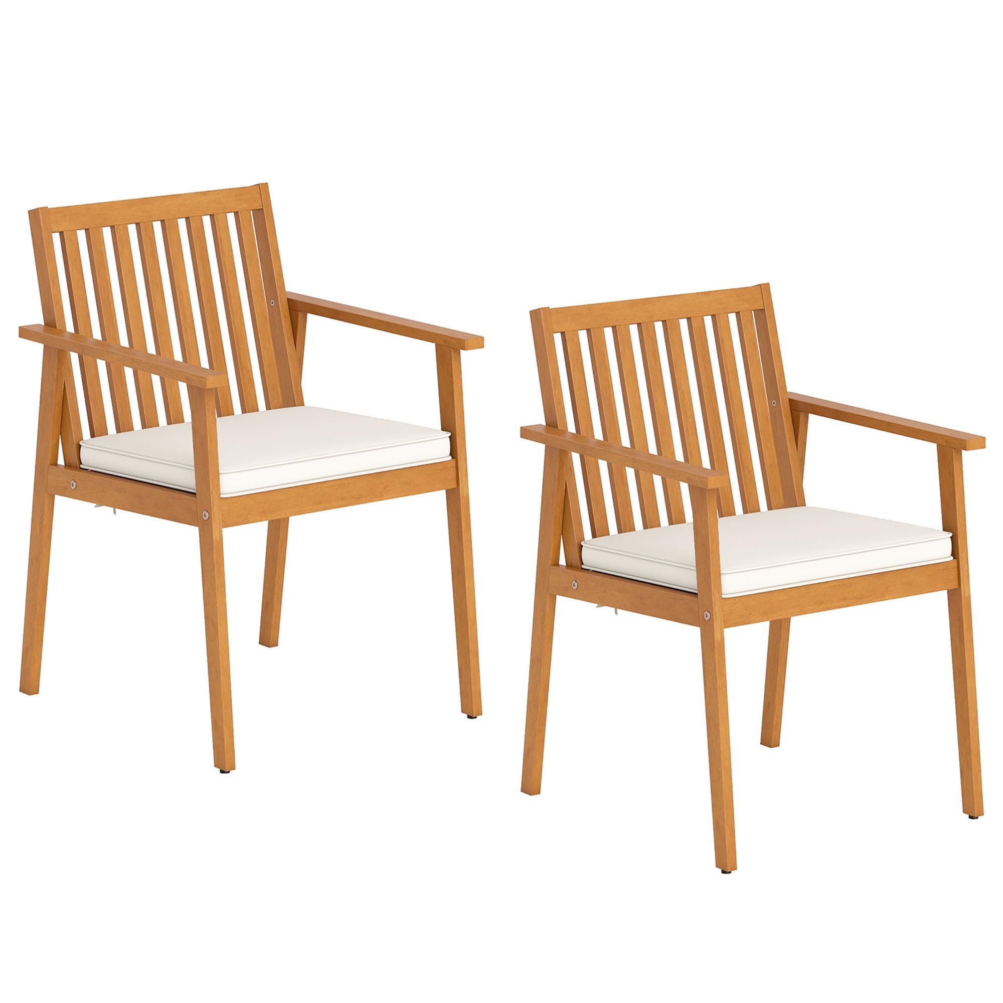 KOMFOTTEU Juego de 2 Sillas de Jardín de Madera de Acacia, Sillones de Comedor con Cojín Extraíble y Reposabrazos, Sillas Terreza Exterior Ergonómicas con Carga 180 kg (Amarillo Teca)