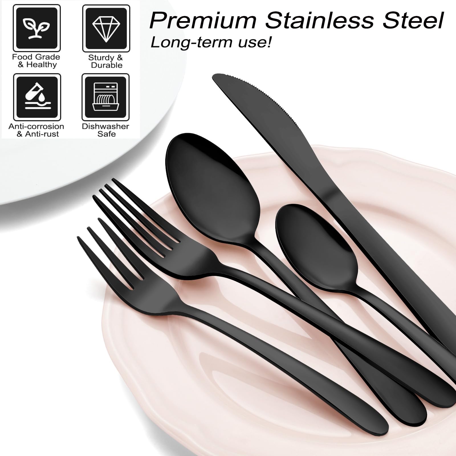 Besteck Set 12 Personen, Pleafind 72-teiliges schwarzes Besteck, Edelstahl BesteckSet mit Steakmesser, Besteck Set, inkl. Gabeln, Löffel, Messer, spülmaschinenfestes