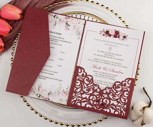 Miniatura 2 de 25 juegos de tarjetas de invitaciones de boda de 8.82 oz de color burdeos con sobres insertos de felicitación, corte láser, invitaciones de bolsillo