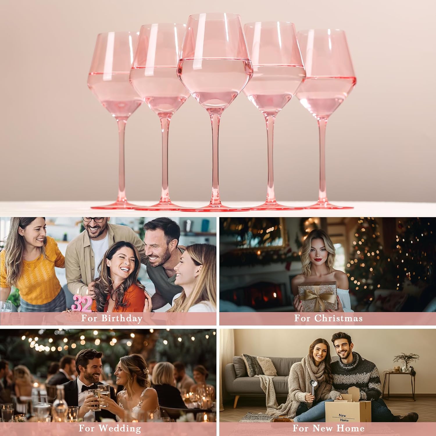 Elegant Pink Wine Glasses Set of 6 – Hand Blown Tulip Shape Long Stem Glassware – 15oz Pink Wine Glasses for Women, Wedding, Party, Bridesmaid Gift, Fancy Champagne or Rosé Goblets
