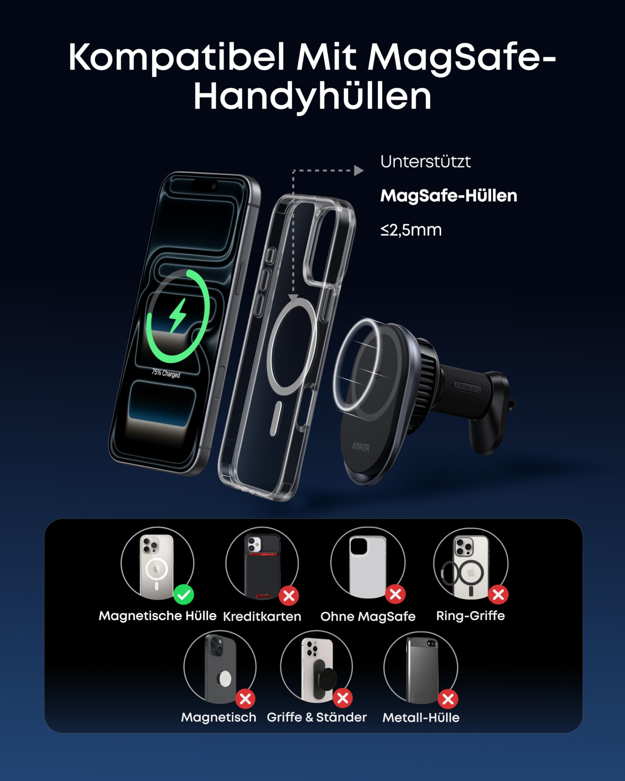 Anker Prime Magsafe Kfz-Ladegerät, Qi2 25W zertifiziertes kabelloses Autoladegerät mit TEC-Aktivkühlung, Starke Magnete, Lüftungshalterung für iPhone 17–12 (Lüftungskompatibilität prüfen), 60W Adapter