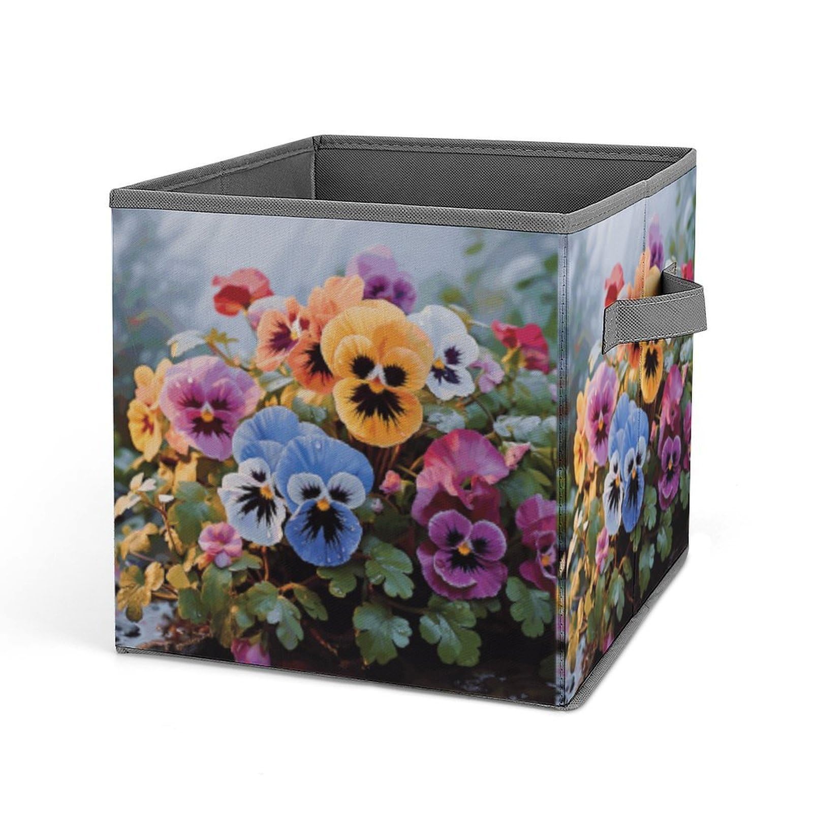 Pansy Flowers Storage Baskets Collapsible, Exquisite Pattern Cube Box, Canvas Fabric Storage Bins with Handles, Clothe Organizer Box for Home Decorative Office Bedroom
