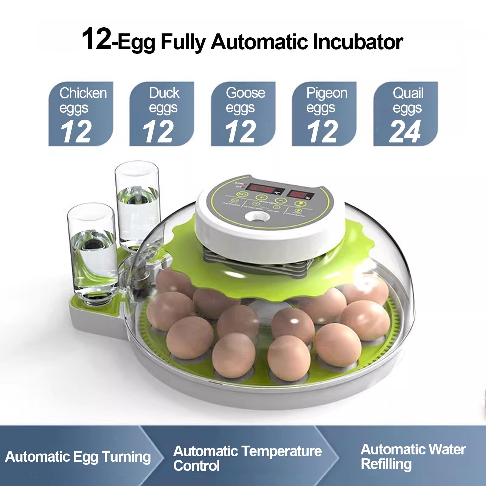 Incubadora de Huevos con Volteo Automático, Control de Humedad, Sistema de Recarga de Agua y Ovoscopio; Apta para Huevos de Gallina, Pato, Ganso, Codorniz y Paloma(12 Eggs)