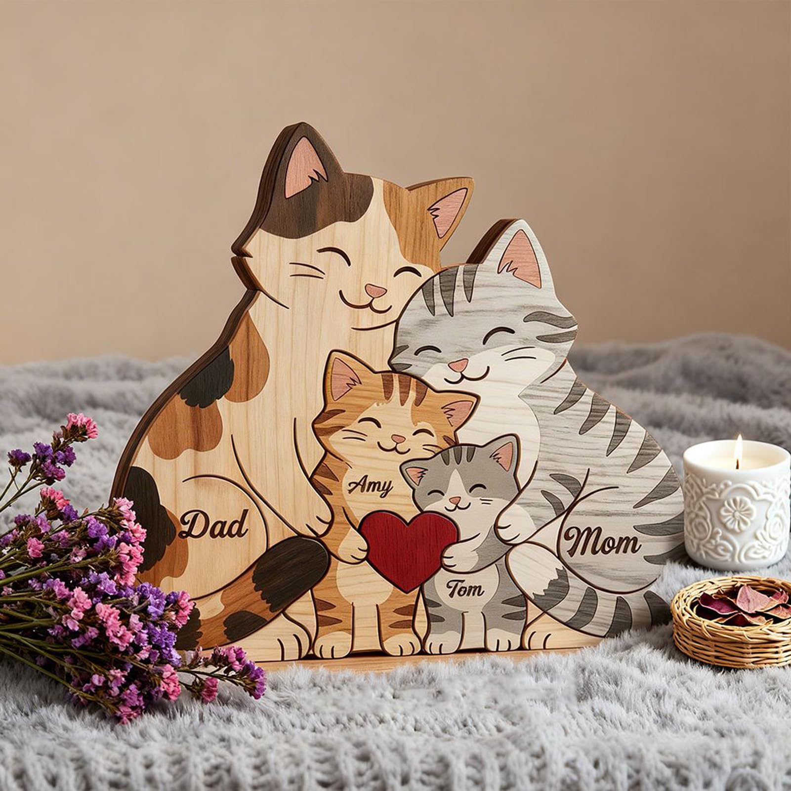 Drawelry Festa della Mamma Puzzle Famiglia Legno Personalizzato, Puzzle Legno Famiglia Personalizzato Animali con 2-10 nomi, Compleanno Natale Anniversario Decorazioni Casa (Gatto colorato)