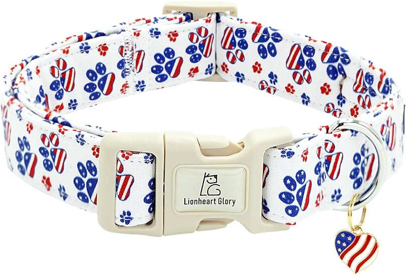 Coleira para Cães Lionheart glory com Estampa de Bandeira Americana, Ajustável em Algodão, Tamanho XS a L