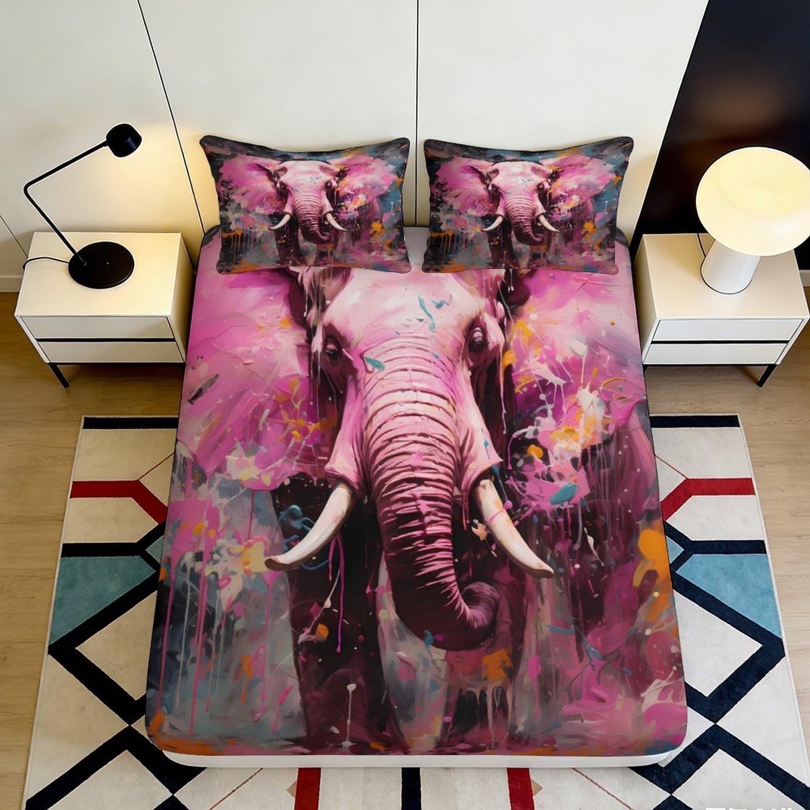 3D Printed Pink Elephant Fitted Sheet Microfiber Soft Artistic Animal Mattress Cover for Bedroom Dorm Decoration 90x200x25cm
