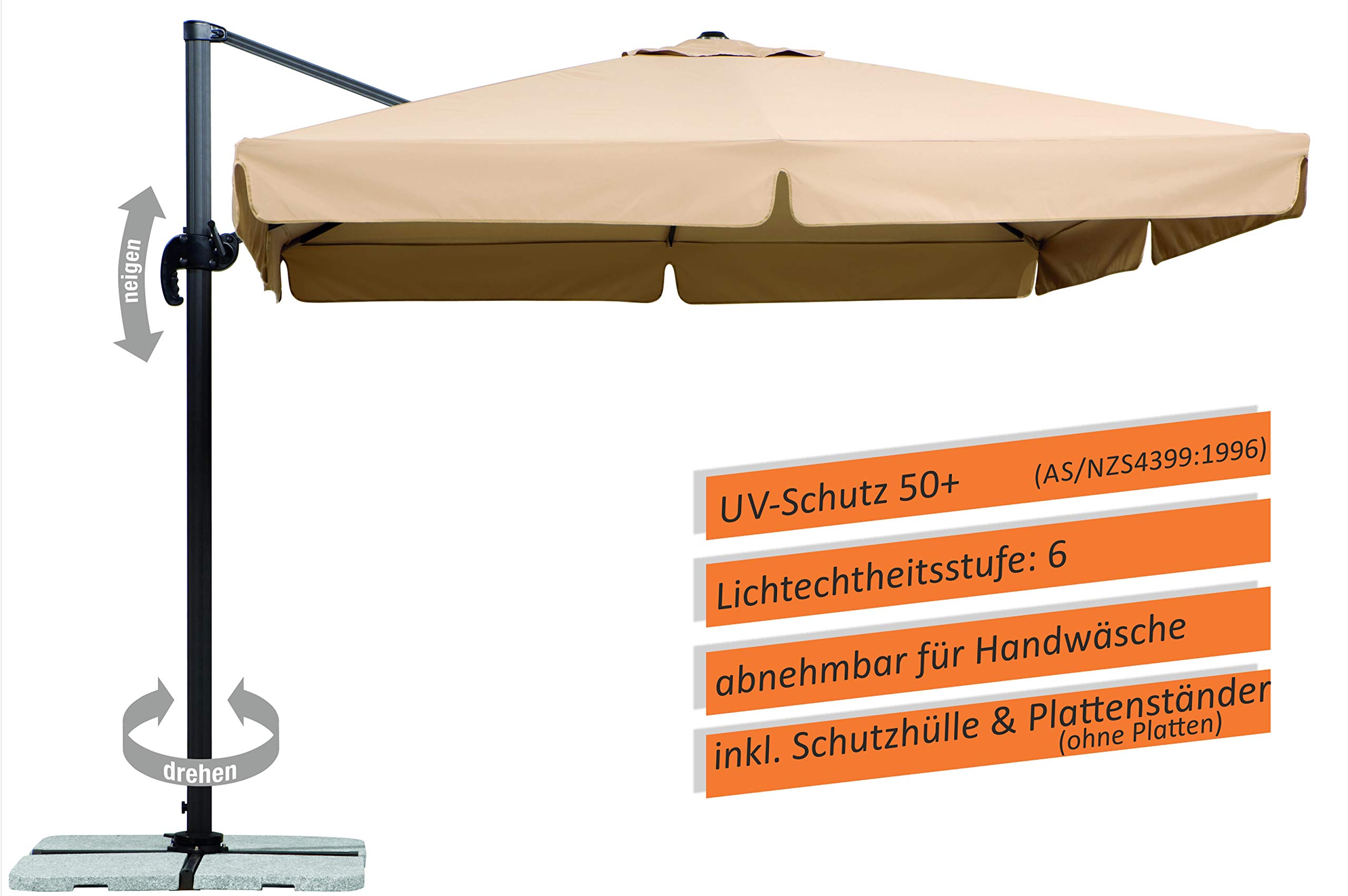 Schneider Sonnenschirm Rhodos, Natur, 300 x 300 cm quadratisch, 782-02, Gestell Alu/Stahl, Bespannung Polyester, 24 kg