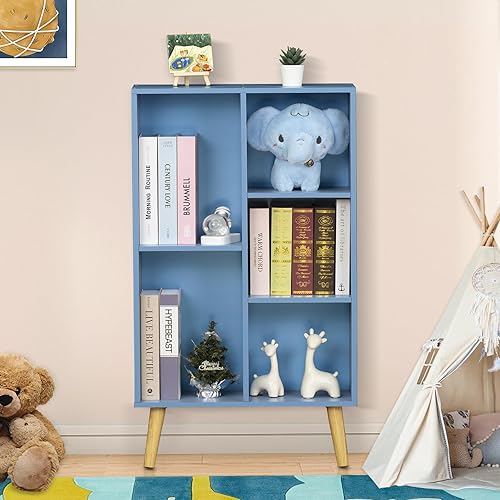 Miniatura 10 de YAHARBO Estantería de 5 cubos, estante azul para libros para niños con almacenamiento de cubículos, estantería moderna de madera con patas, estuche