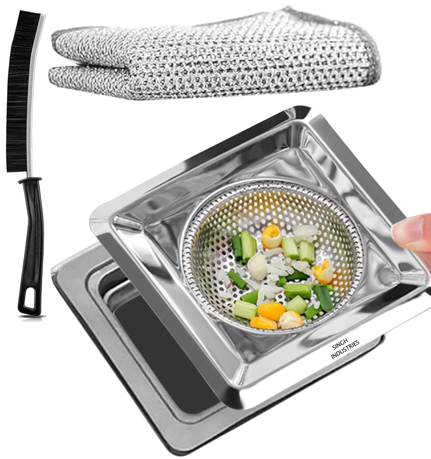 SINGH INDUSTRIES® Stainless Steel Sink Strainer Square Shape, Kitchen Drain Basin Basket Filter Stopper Drainer/Jali, Combo of 3 (Square Sink Strainer + Gaps Cleaning Brush + Dish Wash Cloth) (B0D9PH2W5B) Amazon Price History, Amazon Price Tracker