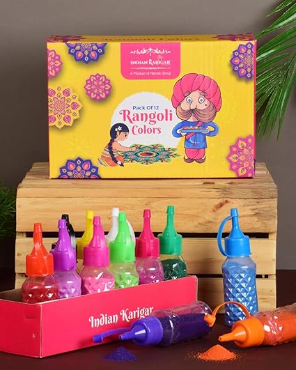 Indian Karigar 12 Rangoli Colours for Floor Diwali Decoration Items for Home Decor 80gm x 12 Colors 960gm Rangoli Powder Rangoli Tools Rangoli Kit Rangoli Maker for Diwali Rangoli Decoration for Home