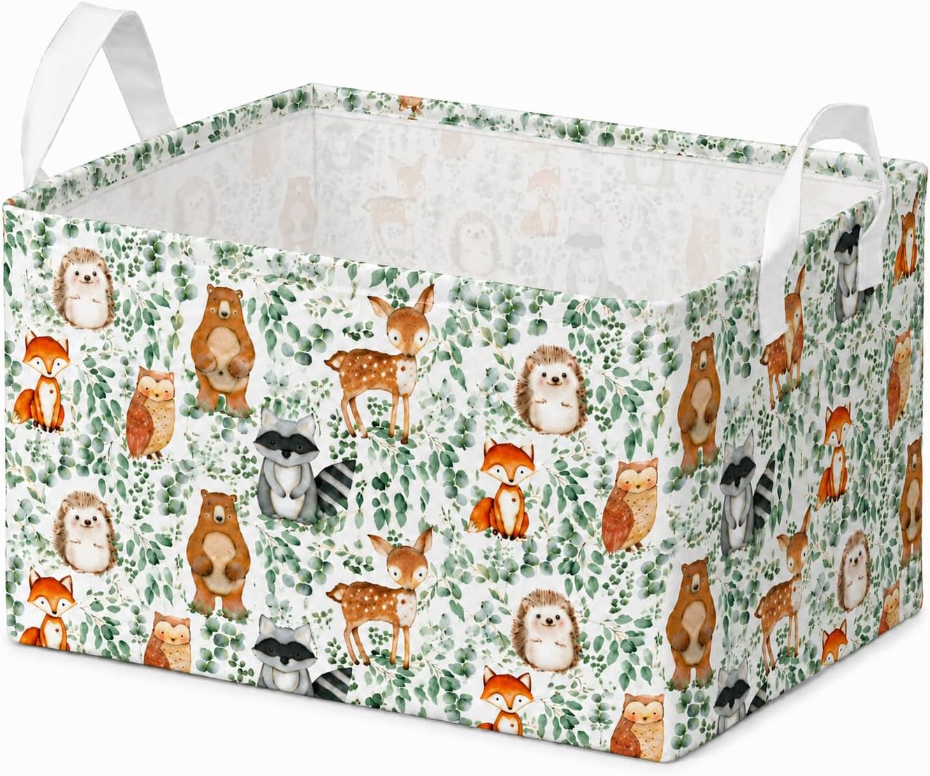 Woodland Animal Storage Basket, Cute Woodland Animal Design, Foldable Waterproof Canvas Toy Box with Handle for Home Organization in Living Room, Bedroom, Wardrobe