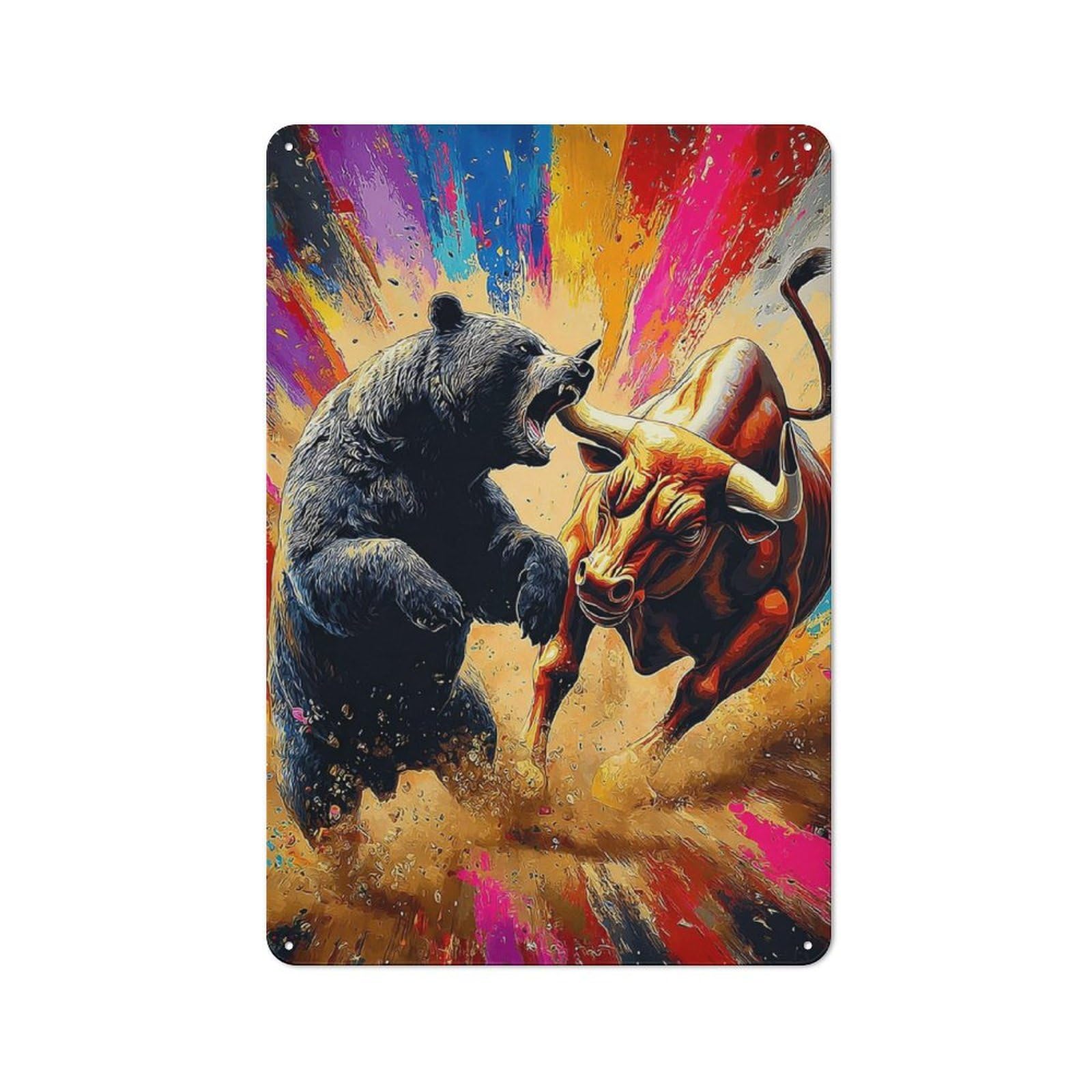 Junmoney Battle Of The Markets Bull Vs Bear 30X20cm Vintage Tin Sign With For Hobby Room Or Studio, For Winter Interiors And Metal Sign Collectors