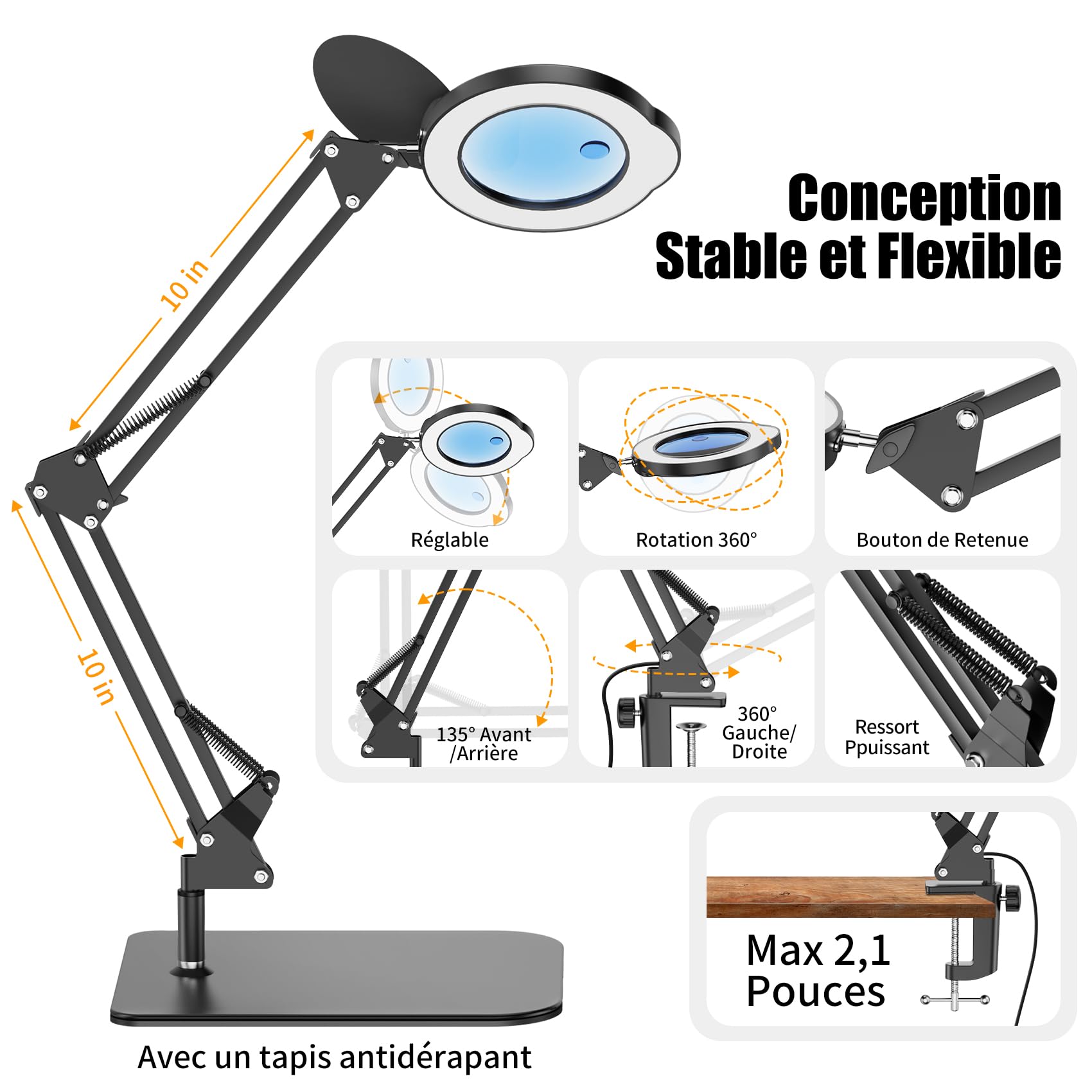 Lampe Loupe de Bureau avec Lumiere, Loupe Grossissante 15X 10X, 5 Modes de Couleur, 9 Niveaux de Luminosité pour Diamond Painting