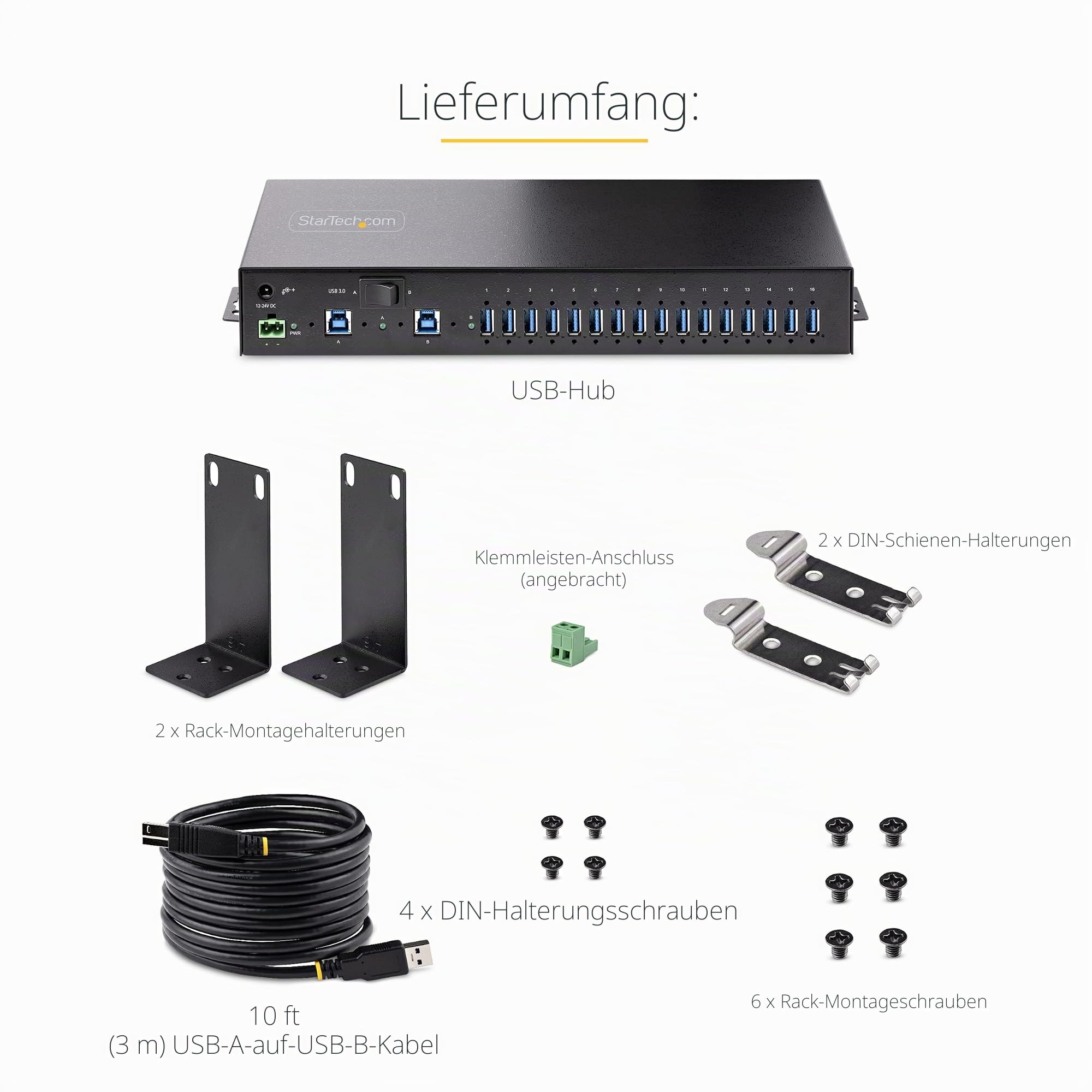 StarTech 16-Port Industrie USB 3.0 Hub 5Gbit/s (5G16AINDS-USB-A-HUB) | DIN/Rack, Dual-Host USB-Switch, Aufputz-Montage, ESD-Schutz, Terminal Block, 120W Ladeleistung