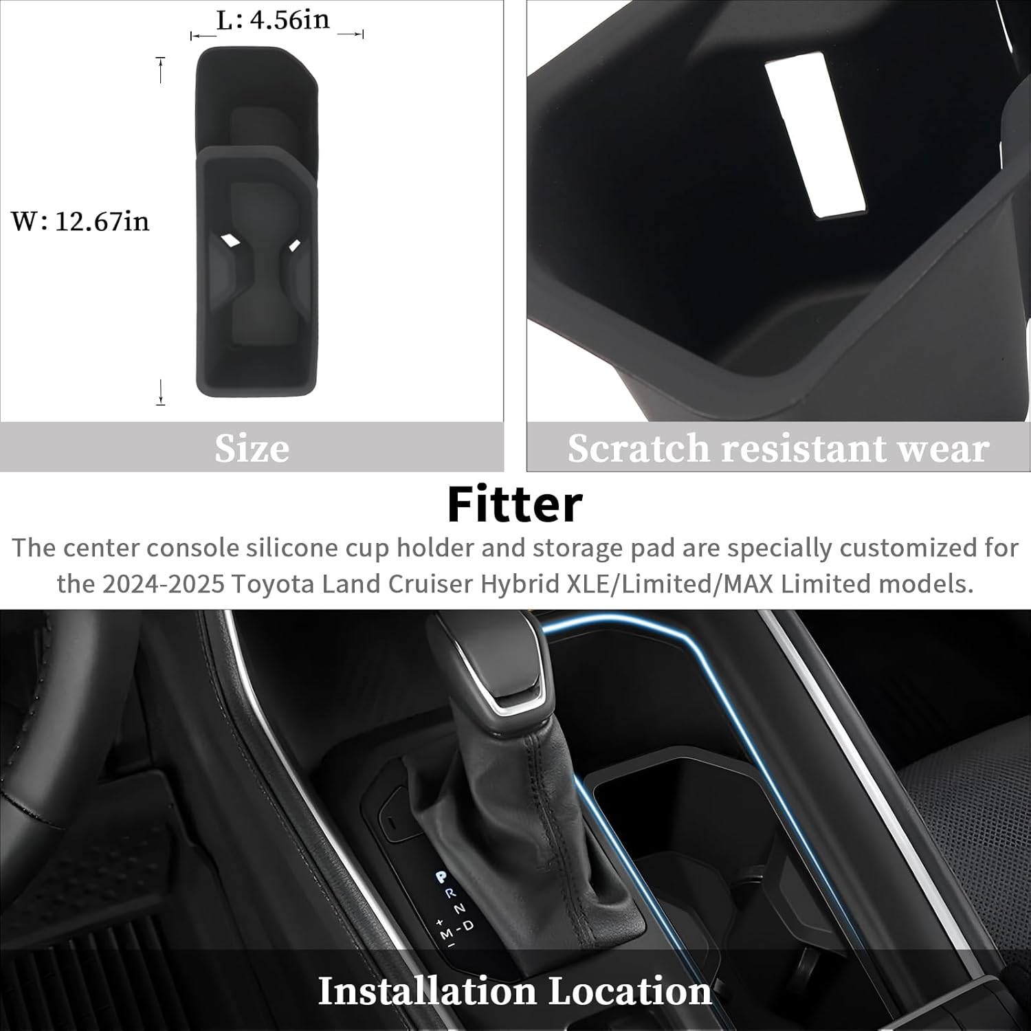 2PCS Silicone Central Console Cup Holder & Storage Mat Console Insert Organizer for 2024 2025 2026 Toyota Grand Highlander/Hybrid, Anti-Slip Waterproof Storage Accessories (Black)