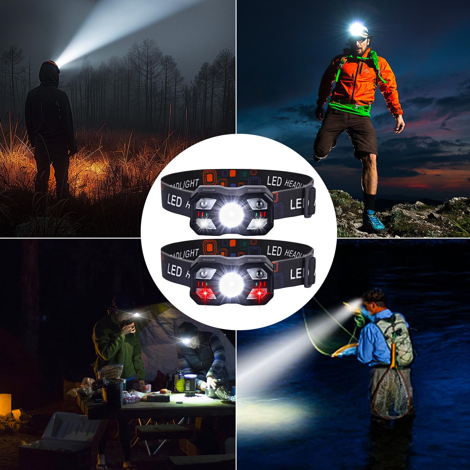Linterna Frontal LED Recargable 2 Pack,Superbrillantes Linterna Cabeza LED Recargables con Sensor de Movimiento y Ajustable Ángulo, Luz Frontal Cabeza para Correr, Camping, Excursión, Pesca