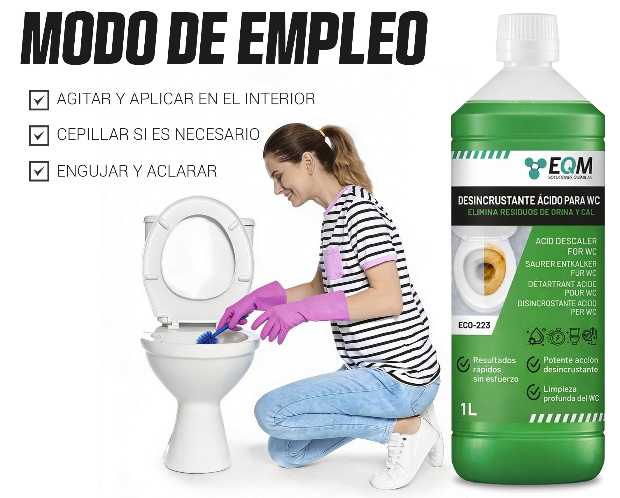EQM Desincrustante Ácido para WC 1L - Limpia Sarro, Cal y Óxido - Eliminador Extra Fuerte de Incrustaciones - Sanitarios e Inodoros - Alta Potencia