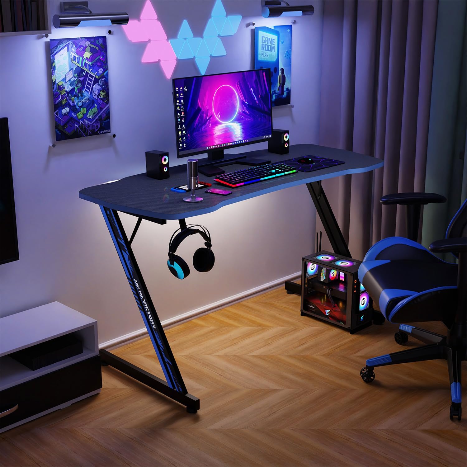 47 Inch Gaming Desk Z-Shaped Computer Desk Ergonomic Home Office Desk PC Workstation Modern Simple Study Table w/Headphone Hook Adjustable Leveling Foot Spacious Desktop,47’’x24’’(Blue)