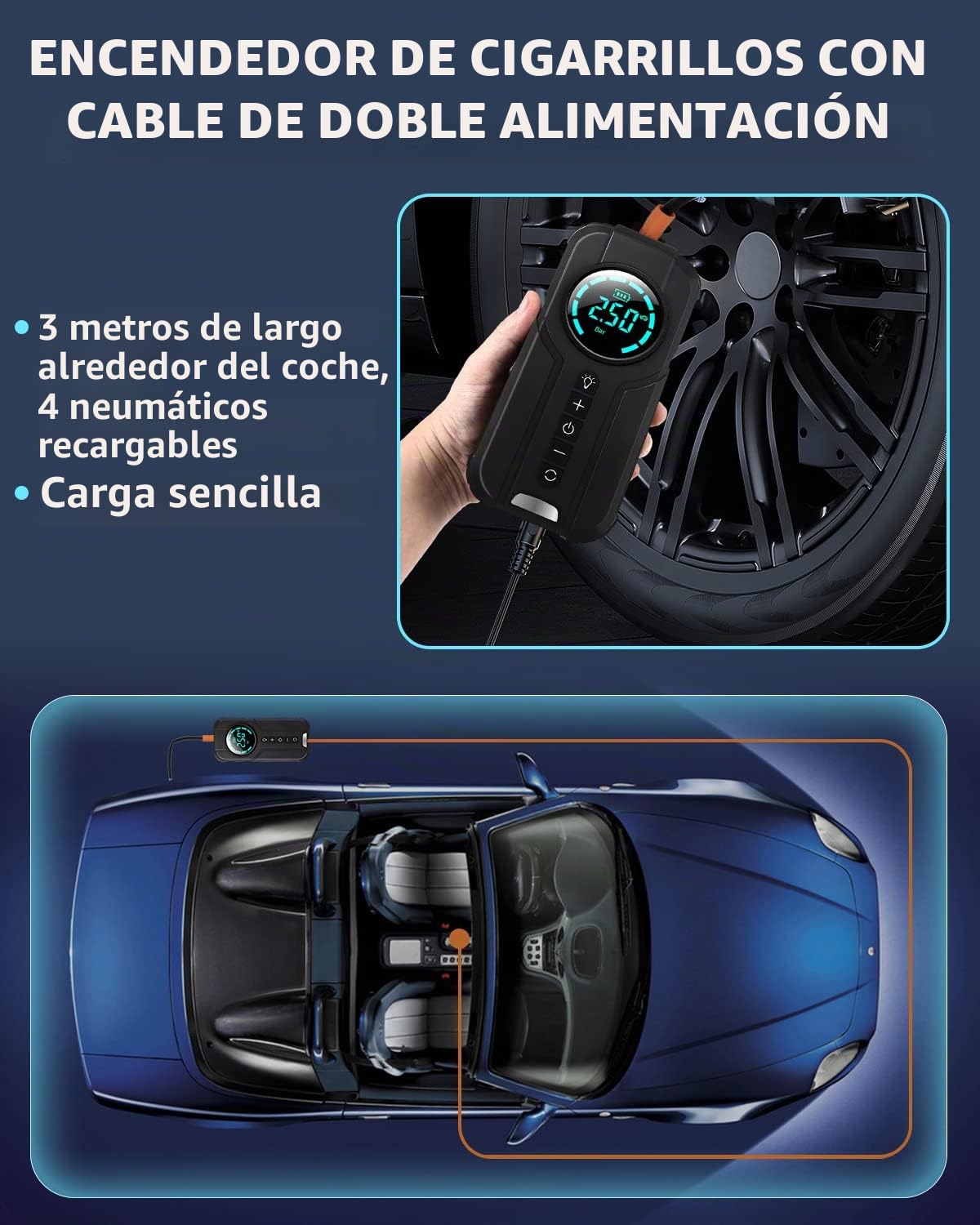 VICKSONGS Dual-uso Compresor Aire Electrico Portatil, Recargable Inflador Ruedas 7200mAh 180PSI, Bomba de Aire Electrica para Coche, Bicicleta, Moto, Scooter, Bolas