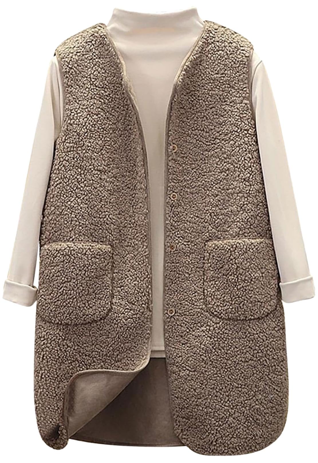 CheChury Fleecevest voor dames, winter, lang vest, licht, mouwloos, thermovest, elegant, mouwloos, teddyjas, V-hals, herfst, warm, ultralicht, vest met knopen, Khaki (stad), M