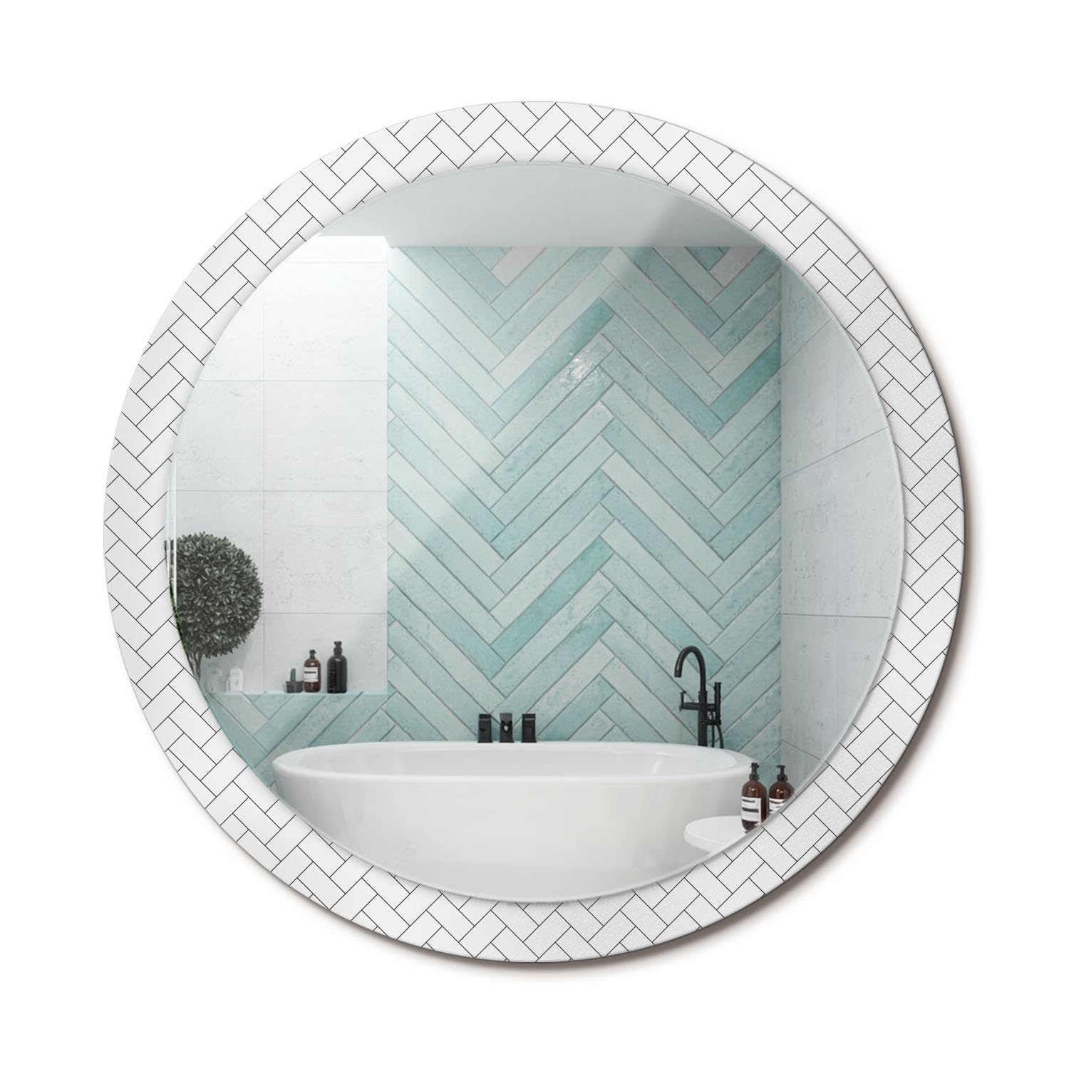 Miroir mural rond de 100 cm avec cadre en verre graphique à chevrons pour intérieur