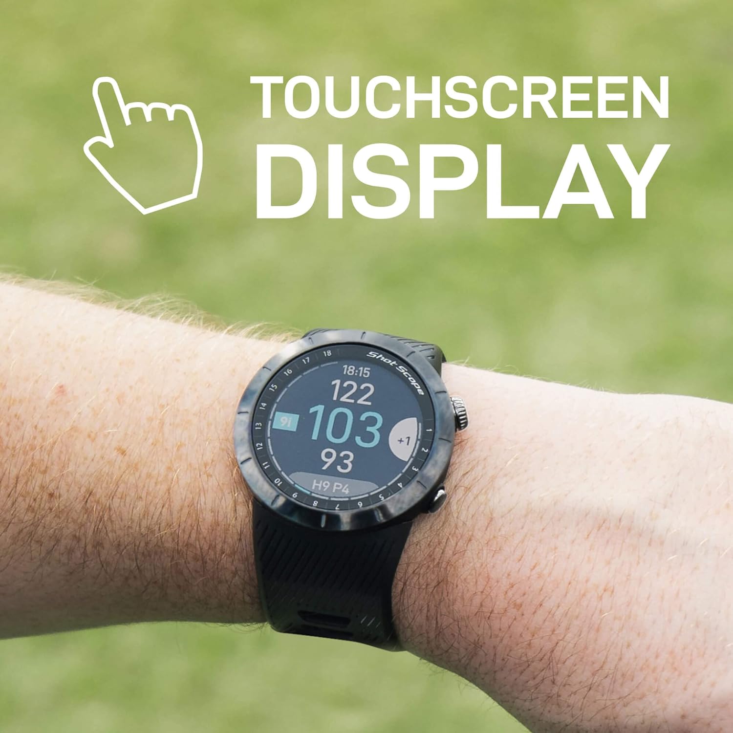 A hand touching the screen of the Shot Scope X5 watch, with text 'Touchscreen Display'.