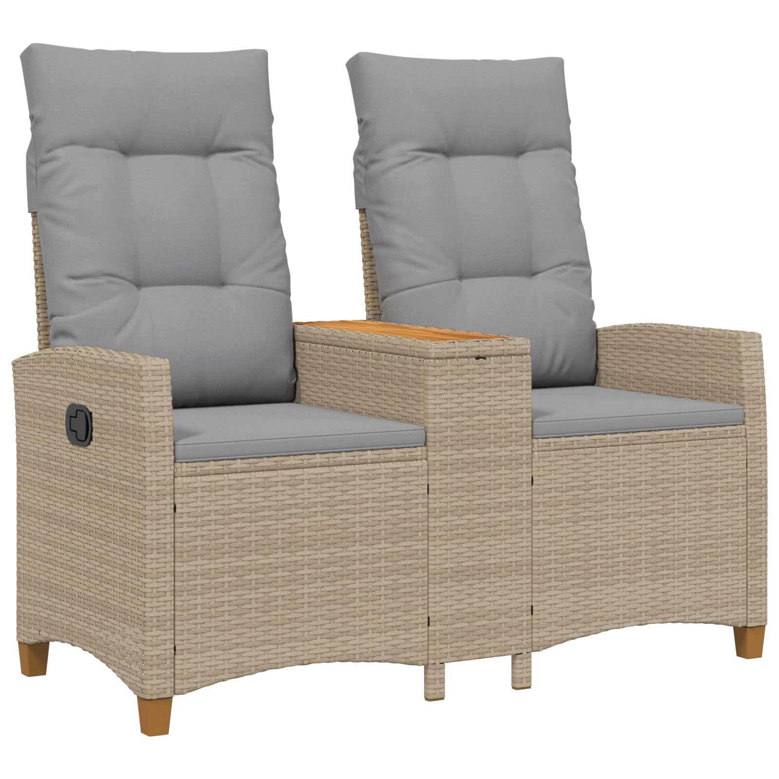 Gartenbank mit integriertem Tisch und Verstellbarer Rückenlehne, Rattanbank 2-Sitzer inklusive Sitzkissen, Polyrattan Liegebank für Garten Terrasse Balkon, Beige und Grau, 126x65x112 cm