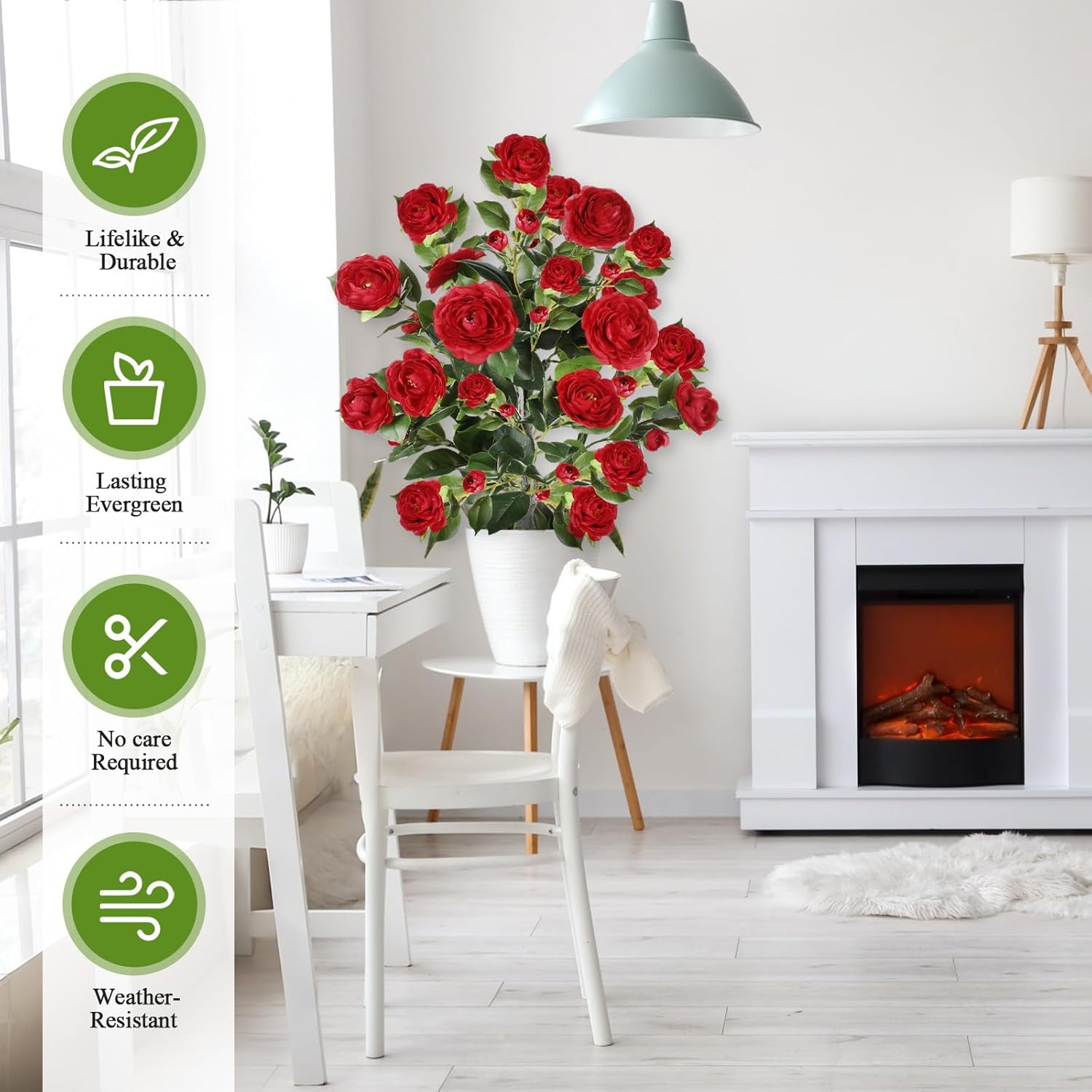 Lunmon 4 Pack 36" Artificial Camellia Flower Tree 3ft Outdoor Fake Flower Plant with Spike UV Resistant Faux Floral Blooming Bush for Front Door Porch Garden Indoor Patio Decor(Red)
