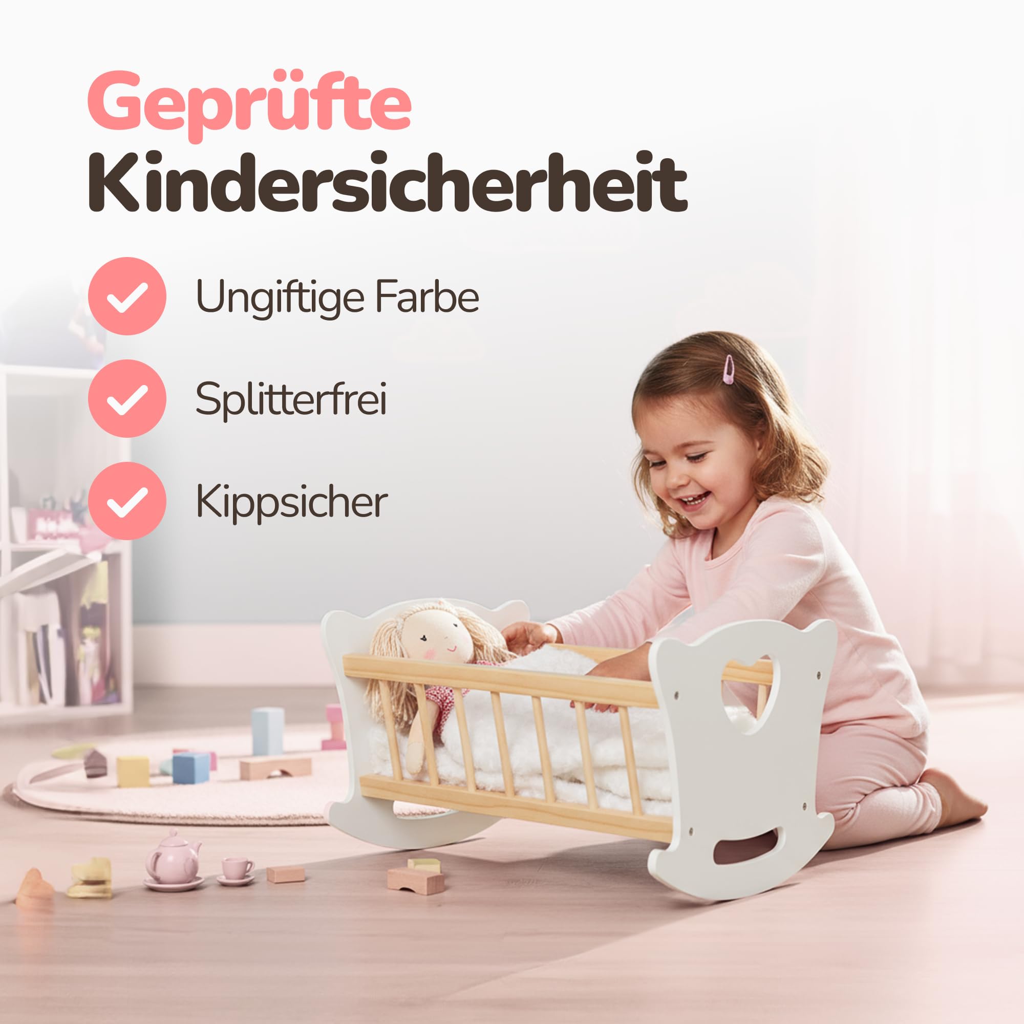 Kinderplay Łóżeczko dla Lalki, Kołyska dla lalki – Zestaw Kołyska plus Kołderka, Poduszeczka oraz Prześcieradło, dla laki o max. długości 49.5 cm., model GS2105 (GS2105)
