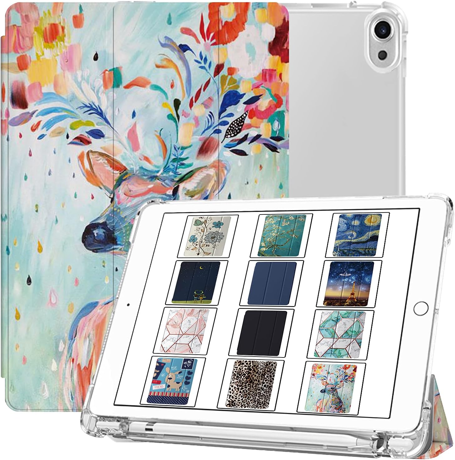 DuraSafe Cases for iPad Air 5th 4th 6th 11th [ Air 11/6 2024/5 2022/4 2020 ] A2588 A2316 MYFQ2LL/A MYFN2LL/A MYFQ2LL/A Printed Printed TPU Transparent Cover with Pencil Holder - Deer Print