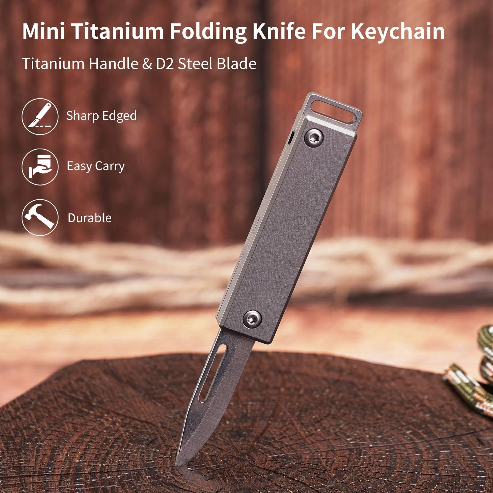 TKK1 Mini navaja de bolsillo de titanio, utilidad EDC con llavero, mini cuchillo plegable de titanio con hoja D2, herramienta EDC para acampar, senderismo y al aire libre