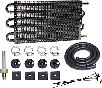 Transmission Oil Cooler Kit, Aluminium alloy Radiator with 5/16" Tube and Hose Mounting Kit(Black) (6 Pass)